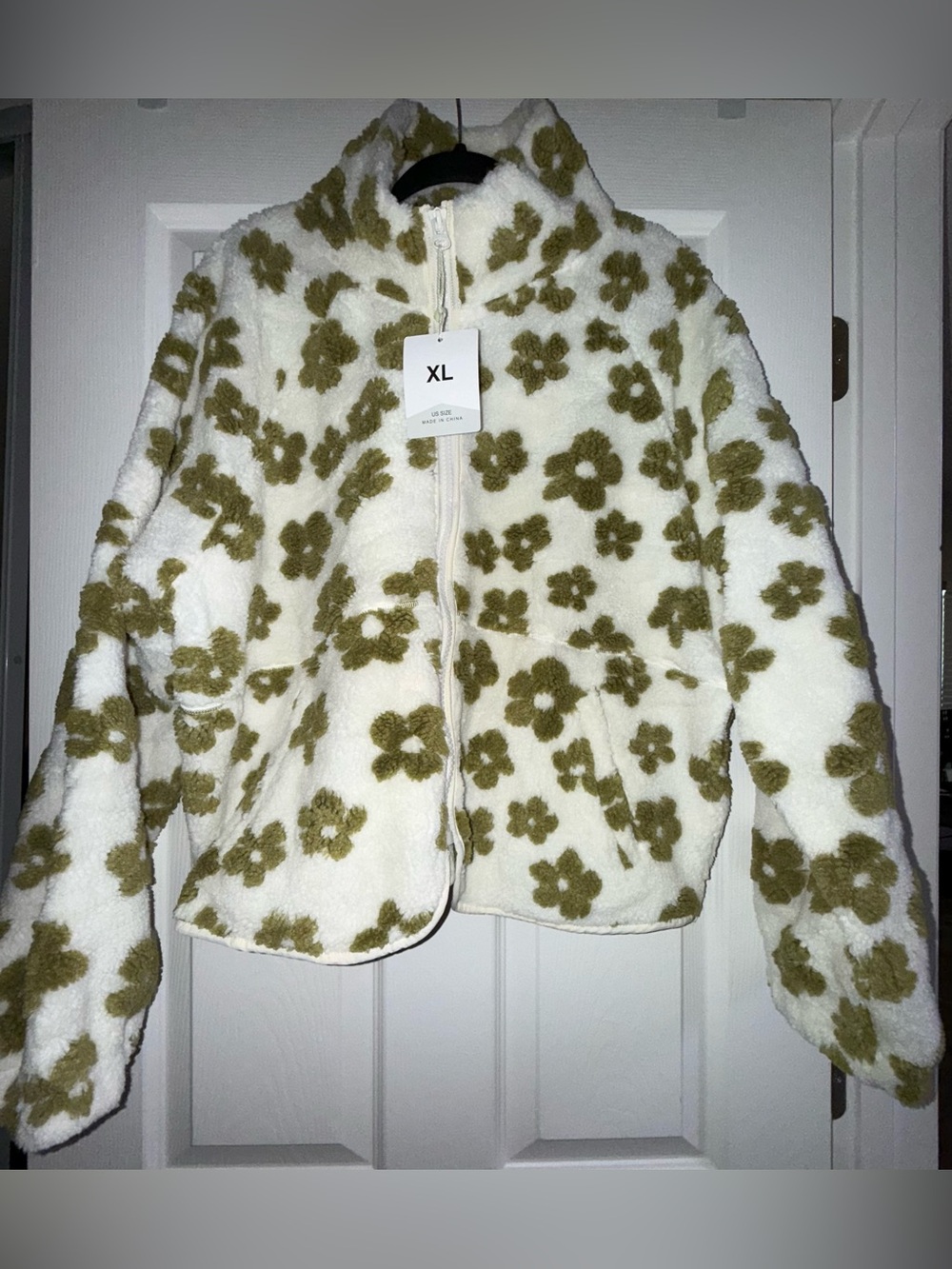 Amazon Olive Green Floral Teddy Jacket on Cream